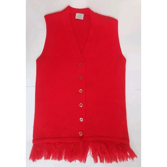 Vintage 1970s Ladies Large Carol Brent Red Knit Long Fringed  Button Down Vest - Picture 1 of 6